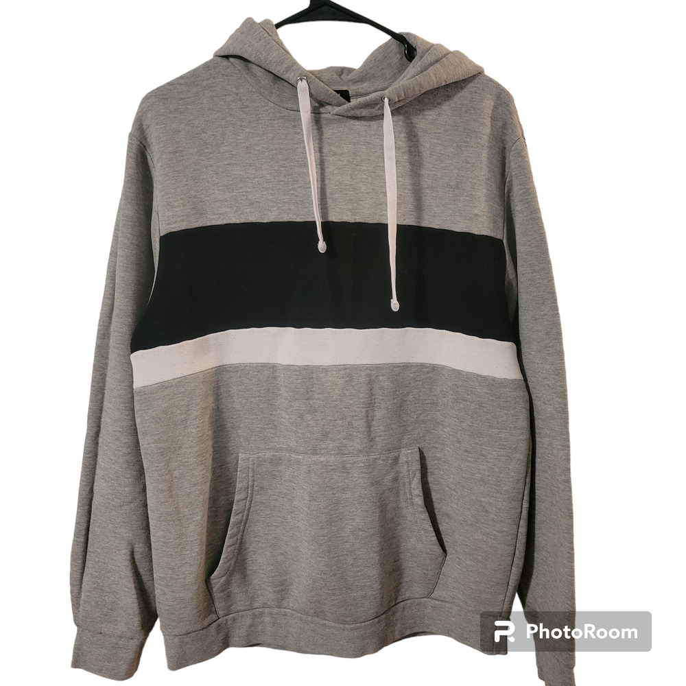 Forever21 Small Gray Hoodie Hooded Sweatshirt Chest Stripe Black White